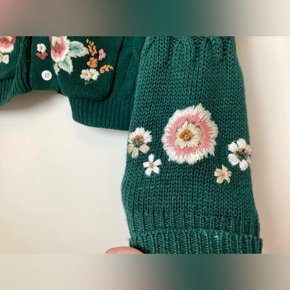 Carroll Reed Vtg Cable Knit Embroidered Cardigan L Floral Chunky Granny Cottage - Picture 7 of 13